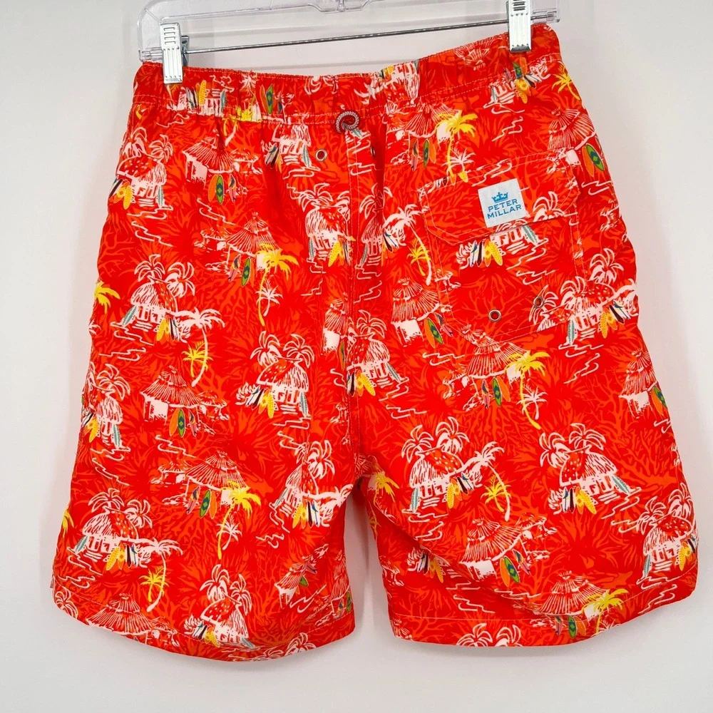 Peter Millar Mens Red Tropical Beach Hut Print Swim Trunks Size M Board Shorts